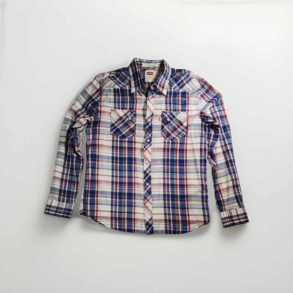 Vintage Levis Action Shirt Mens Large Blue Plaid Western Tailored 70s USA